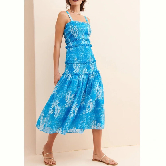 Anthropologie Steele Smocked Blue Floral Midi Dress - Picture 1 of 11